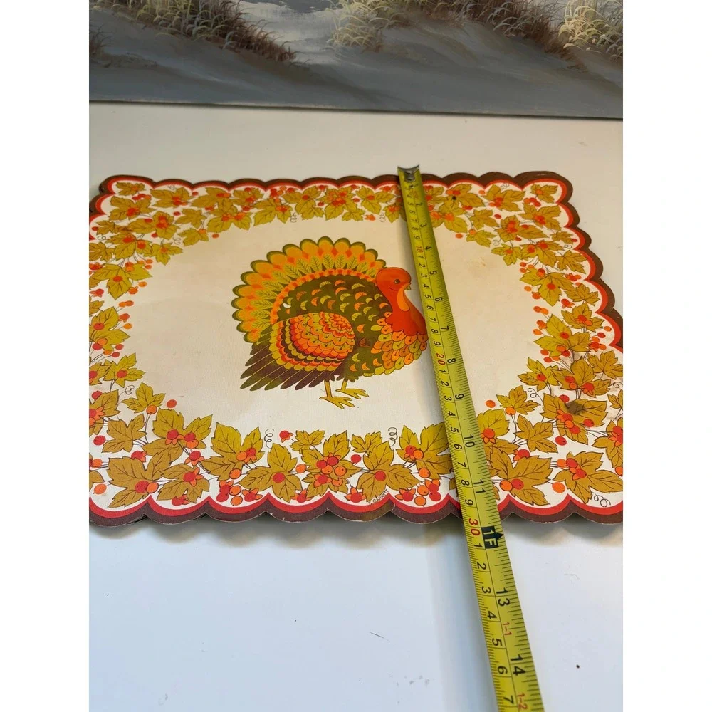 Vintage Thanksgiving Turkey Paper Placemats Set of 7 Scalloped Edge Harvest